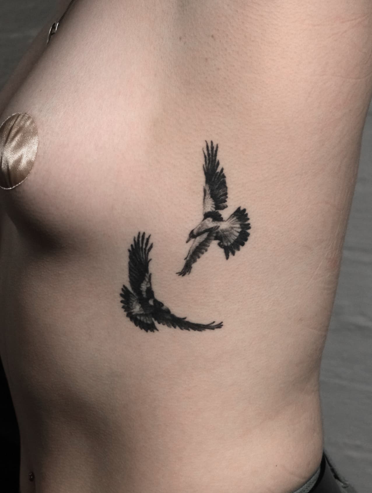 Healed tattoo by Jak Rapmund - ribs Healed Magpies